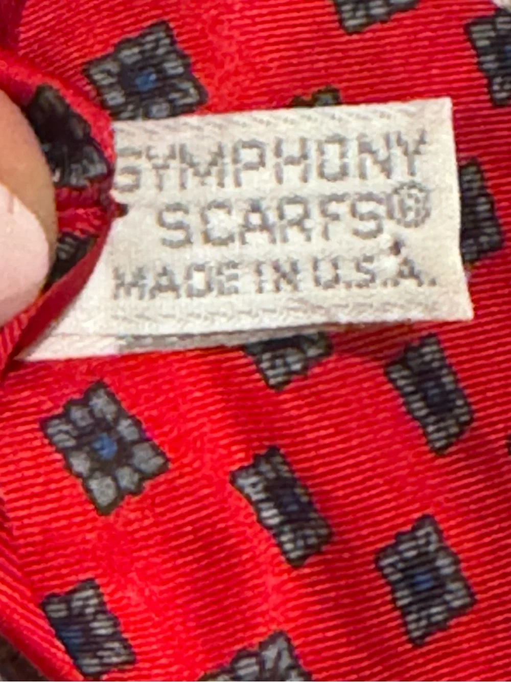 Vintage Symphony Scarf 100% Silk Red Geometric Bow Tie Ascot Made in USA